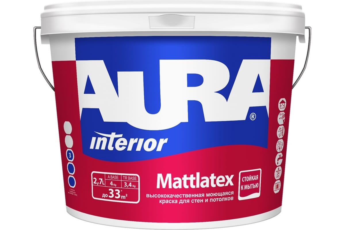 Краска моющаяся для стен и потолков "AURA MATTLATEX" основа TR 2,7л СТОК