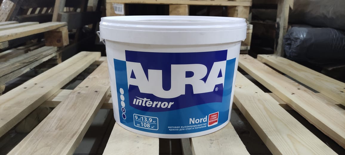 Матовая высокоукрывистая краска для стен и потолков AURA Interior Nord / АУРА Норд 9 л (база А)