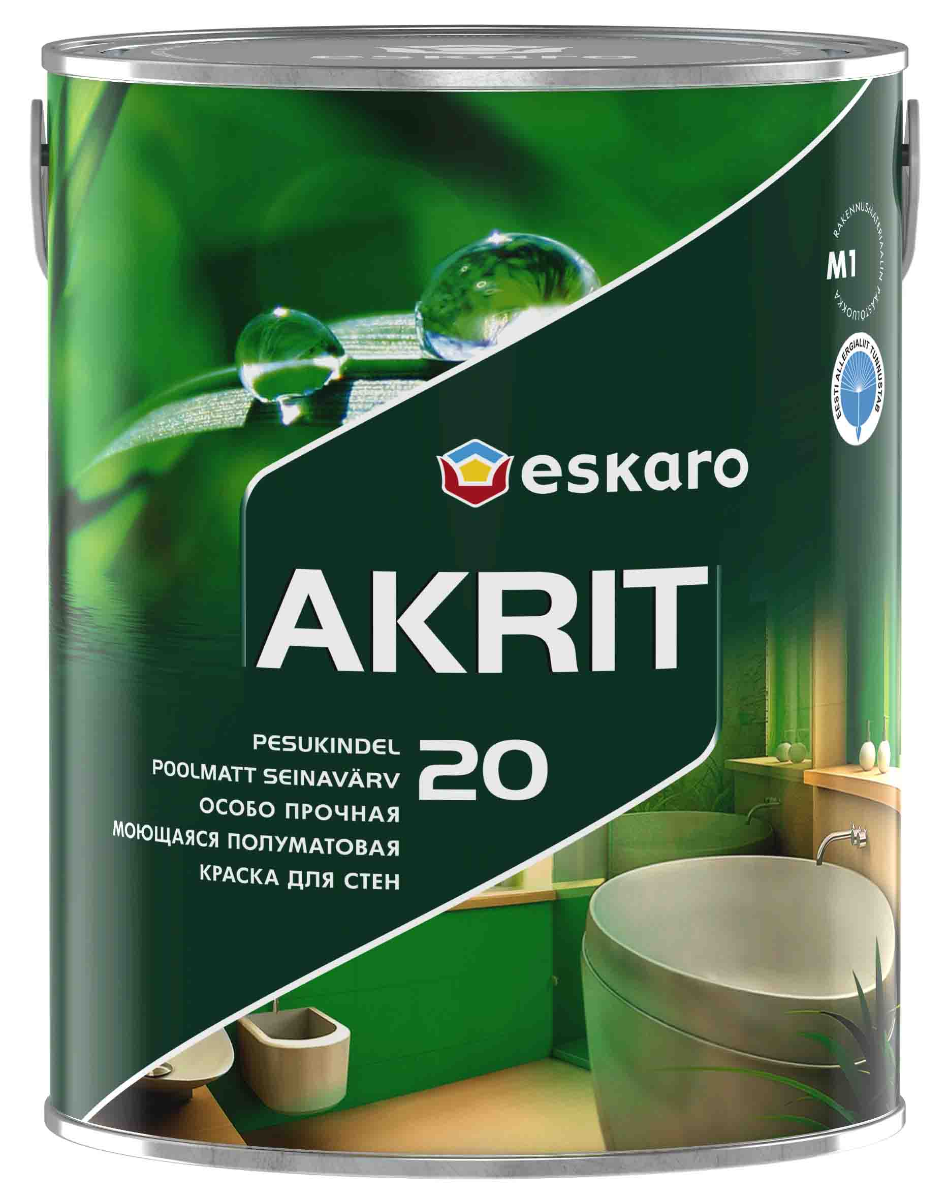 Краска Eskaro Akrit-20 акрилатная п/м интерьерная с высокой устойчивостью к мытью и истиранию 2,85л