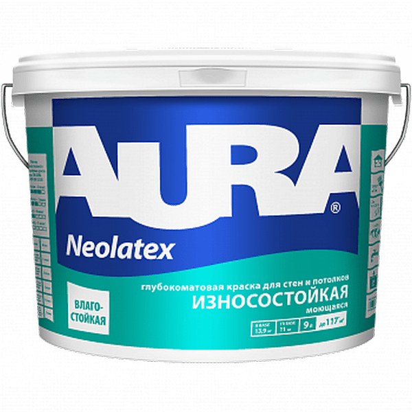 Краска износостойкая для стен и потолков "Aura Neolatex 9л"