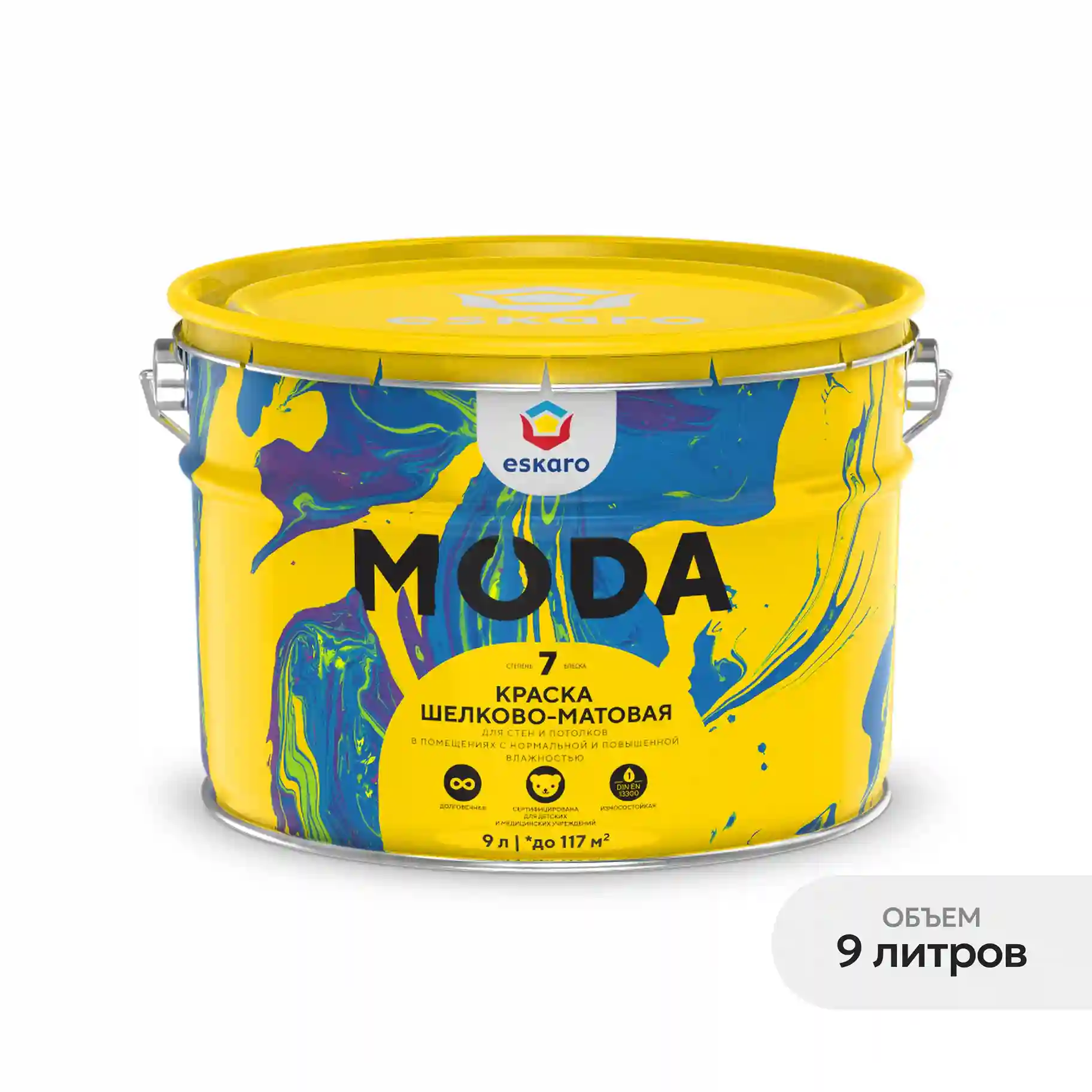 Краска шелково-матовая для стен и потолков Eskaro MODA 7 (База А - белая) 9 л