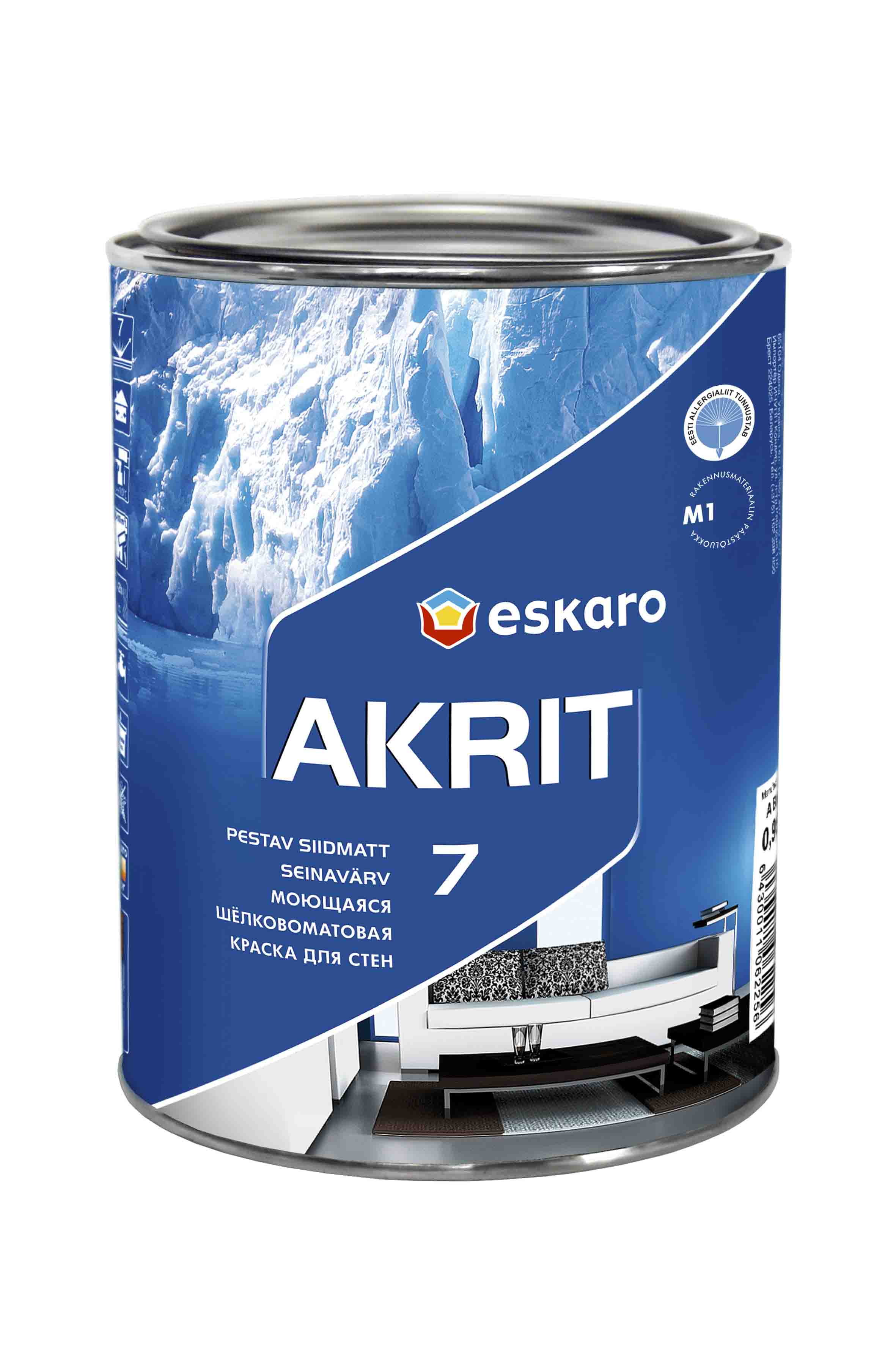 Краска акрилатная матовая интерьерная  с высокой износостойкостью "Eskaro Akrit-7" 0,95 л