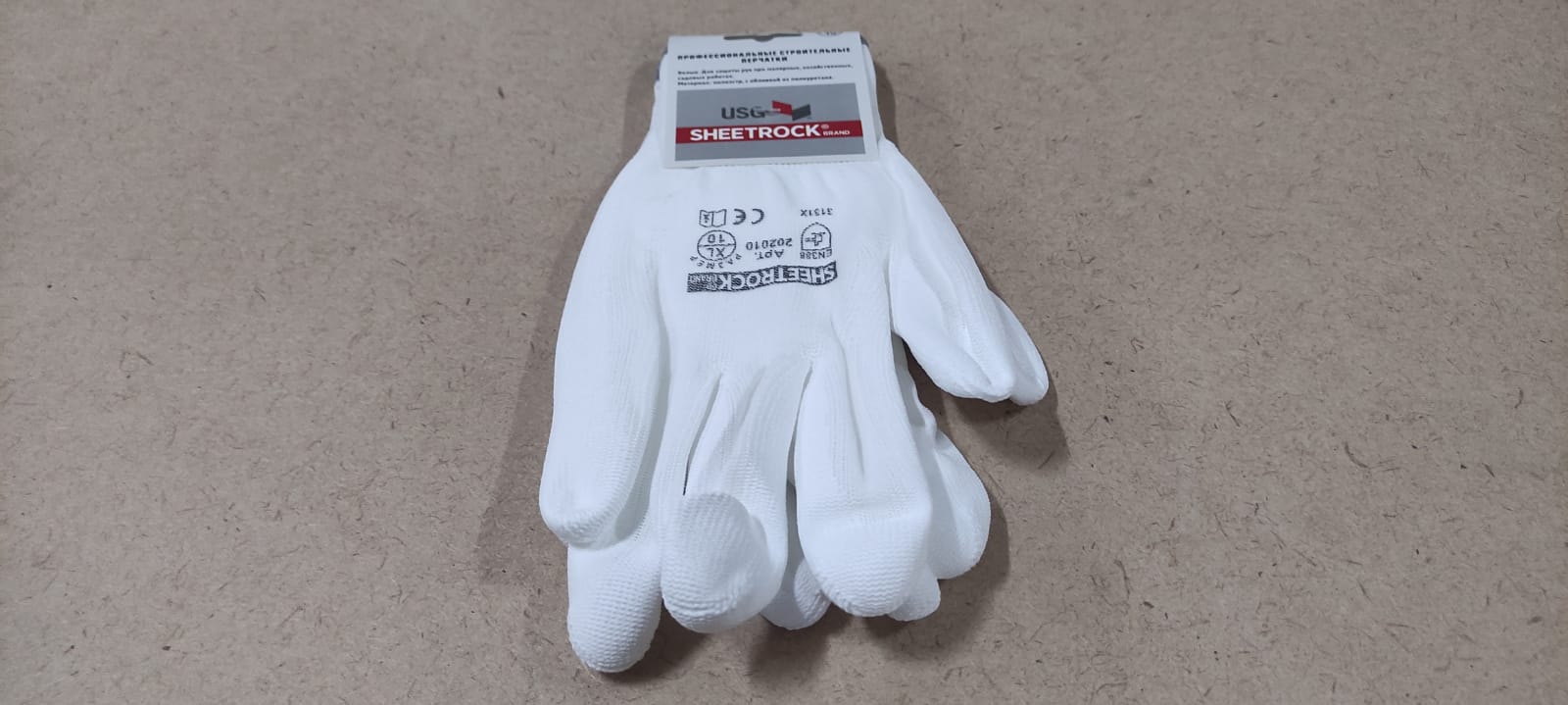Рабочие защитные строительные перчатки Sheetrock белые полиэстер с обивкой из полиуретана, размер XL								